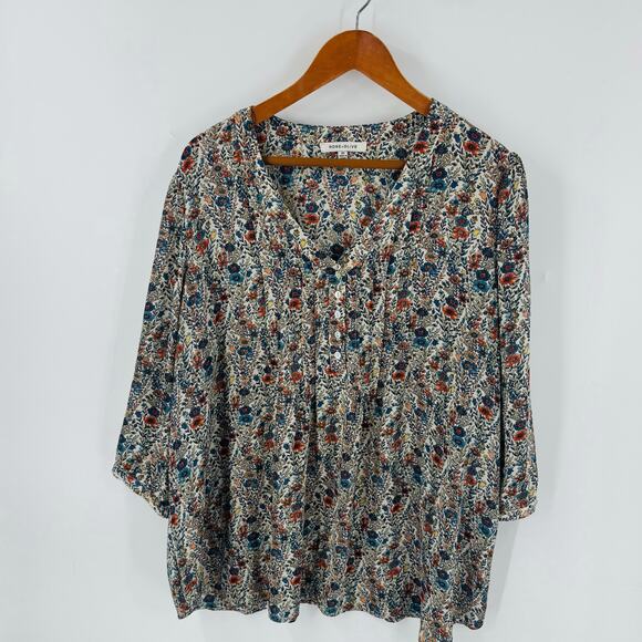 Rose + Olive Floral Print Button Front Blouse Size 2X Boho Floral Flowy Festival - Picture 8 of 8